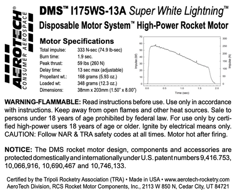 AeroTech I175WS-13A 38mm x 203mm Single Use DMS 1-Motor Kit - 091713